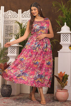 Pinkish Red Chinon Dress with Belt Attached