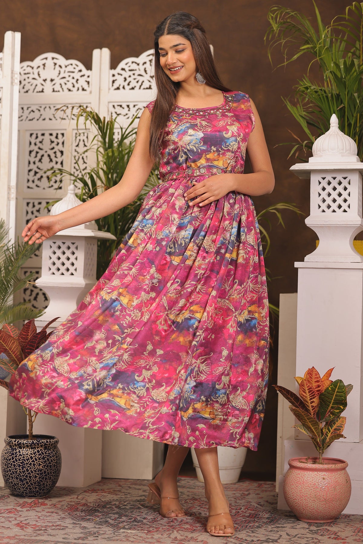 Pinkish Red Chinon Dress with Belt Attached