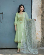 Light Green Embroidered Cotton Kurta and Pant Set with Dupatta