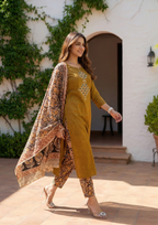 Ruddy Brown Embroidered Handloom Cotton Suit Set with Dupatta