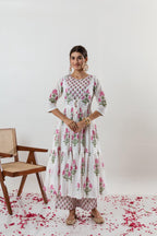 White Floral Printed Cotton Suit Set