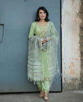 Light Green Embroidered Cotton Kurta and Pant Set with Dupatta