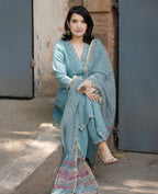 Slate Blue Embroidered Cotton Kurta and Pant Set with Dupatta