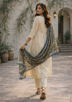 Off White Printed Cotton Kurta and Pant Set with Dupatta
