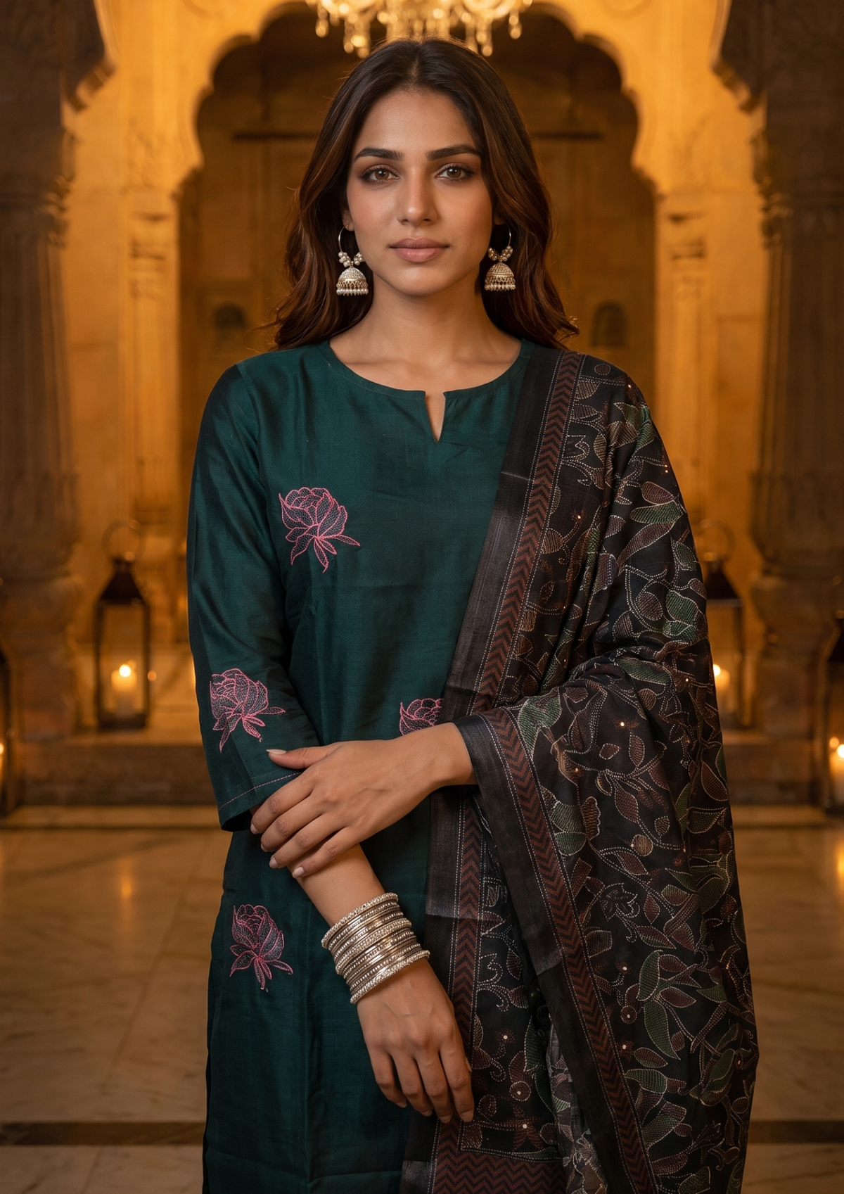 Sea Turtle Green Embroidered Cotton Flex Suit Set with Dupatta