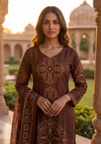 Brown Printed Muslin Kurta and Pant Set with Dupatta