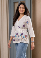 White Embroidered Rado Cotton Short Kurti