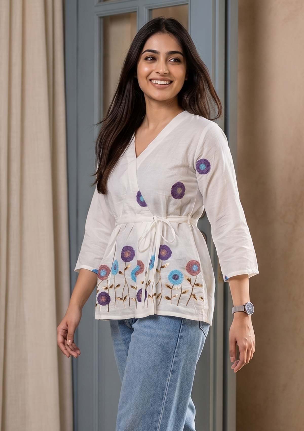 White Embroidered Rado Cotton Short Kurti