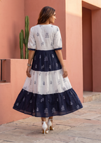 White Blue Printed Cotton Anarkali Gown