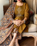 Ruddy Brown Embroidered Handloom Cotton Suit Set with Dupatta