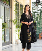 Black Nri Embroidery Cotton Kurta Pant And Dupatta Set for Women