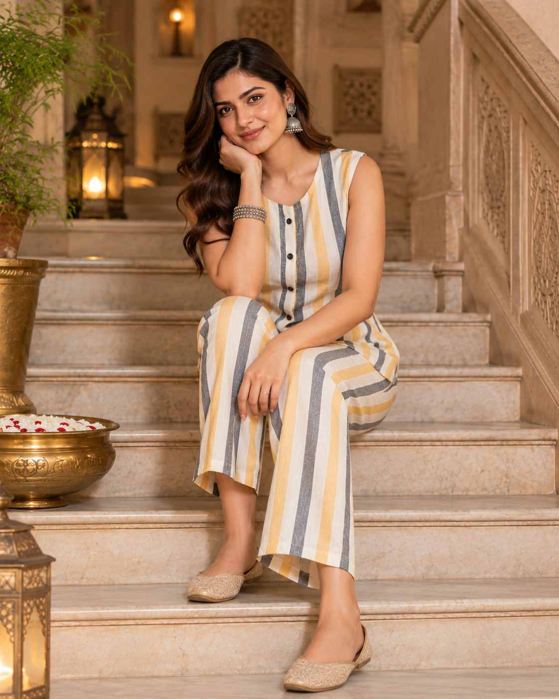 Yellow Grey Striped Cotton Flex Co-Ord Set