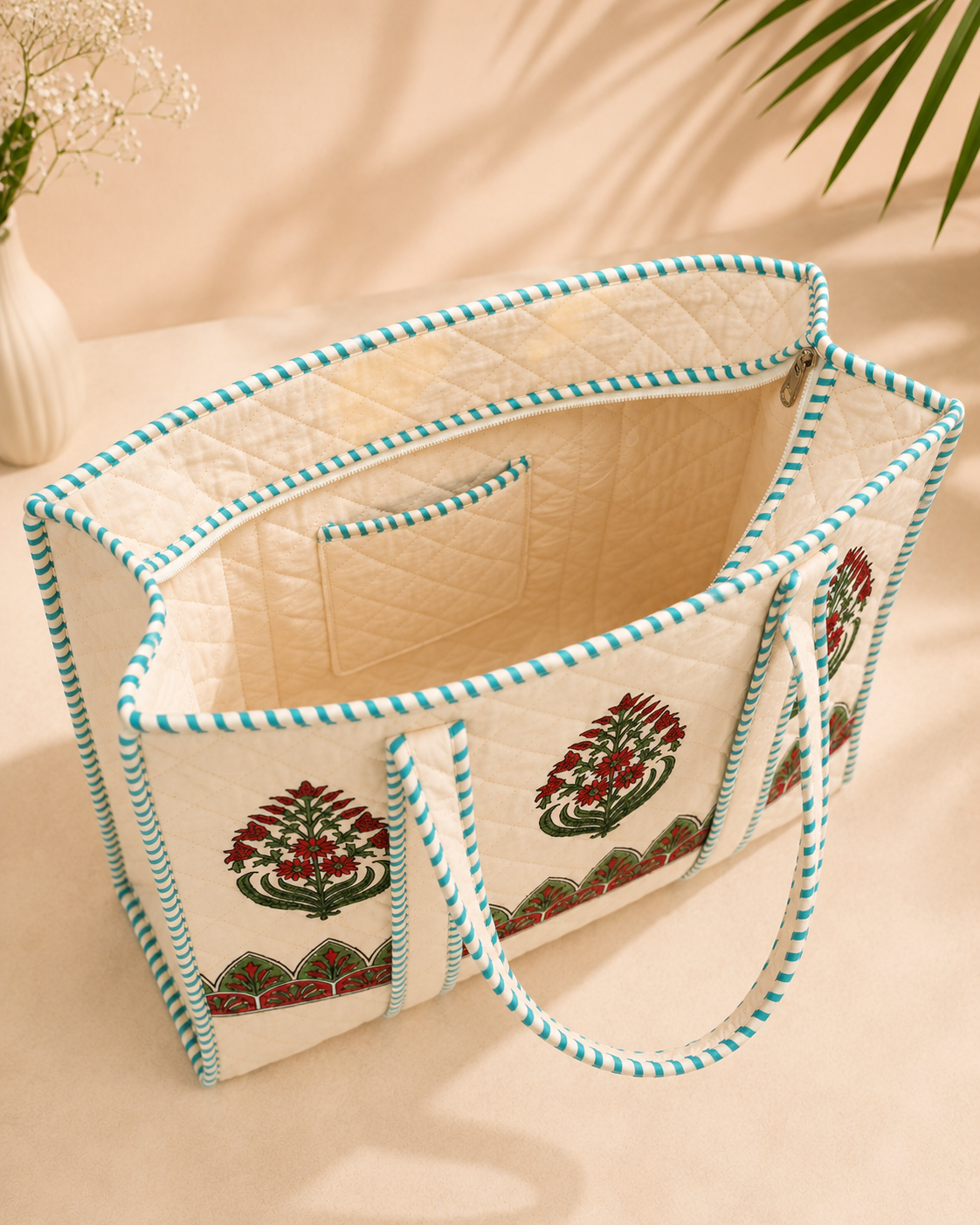 Block Printed Quilted Tote Bag