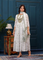 White Green Embroidered Mulmul Anarkali Gown with Dupatta