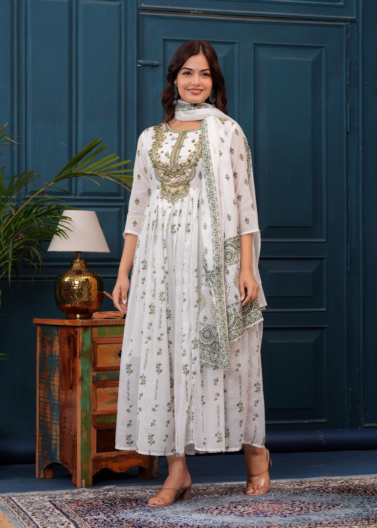 White Green Embroidered Mulmul Anarkali Gown with Dupatta