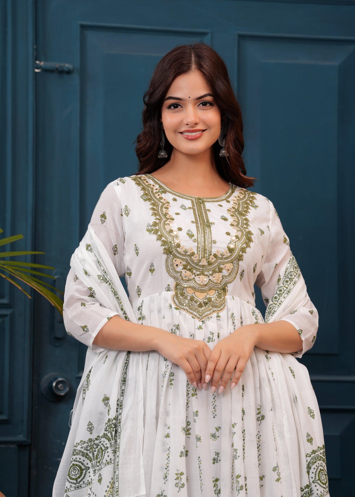 White Green Embroidered Mulmul Anarkali Gown with Dupatta