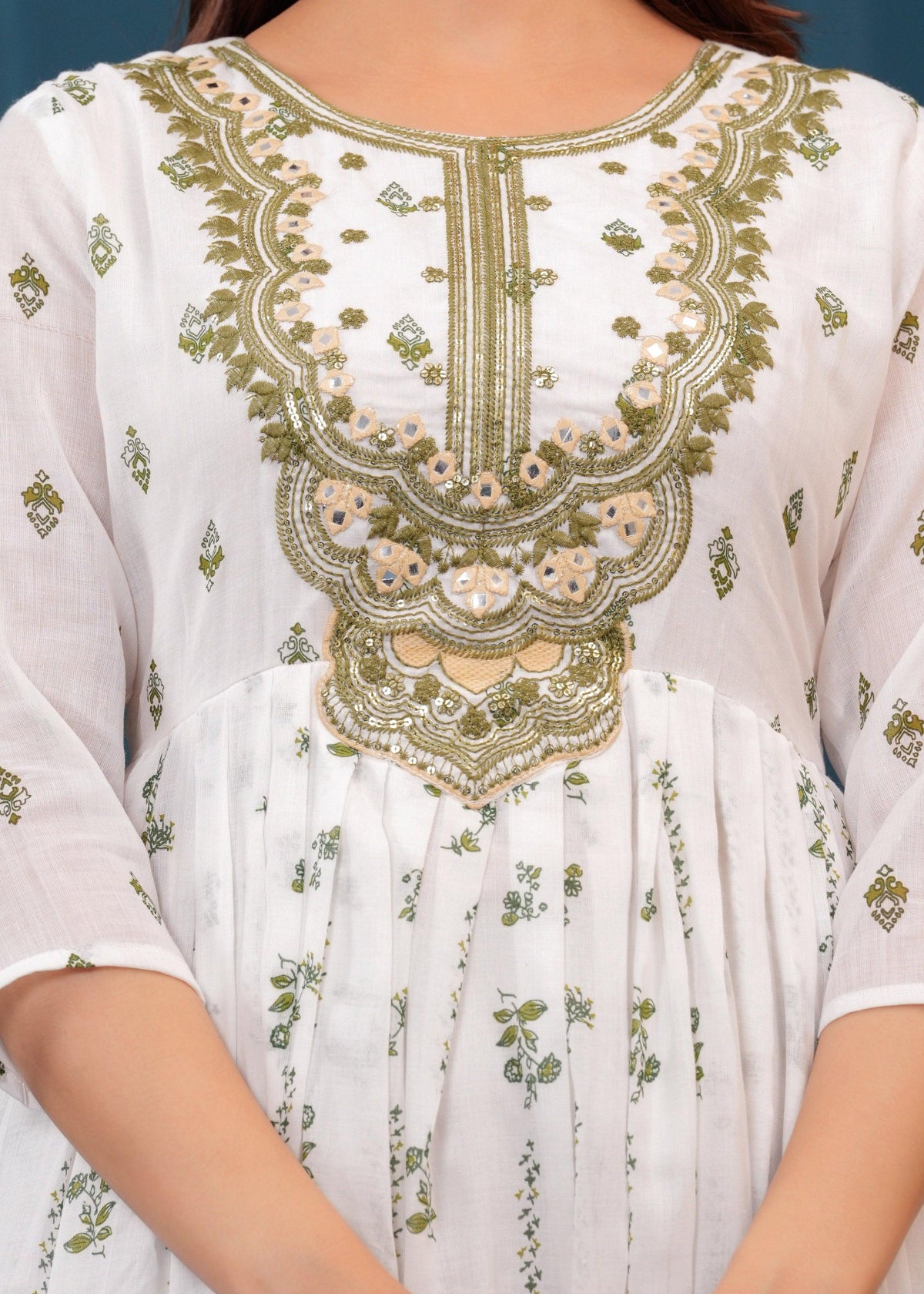 White Green Embroidered Mulmul Anarkali Gown with Dupatta