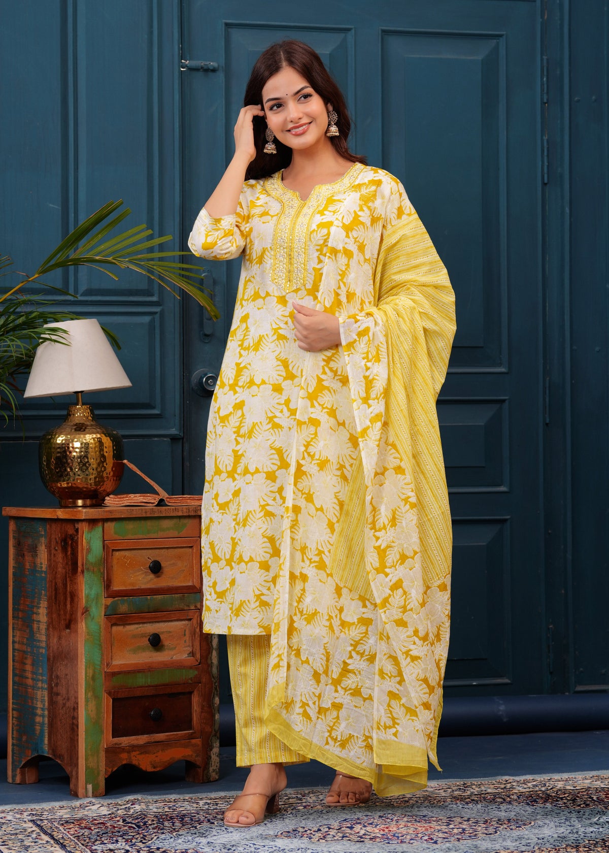 Corn Yellow Floral Printed Embroidered Cotton Kurta and Pant Set with Mulmul Dupatta