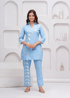 Sky Blue Embellished Cotton Co-Ord Set