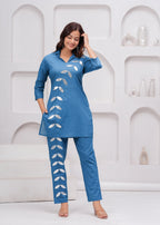 Denim Blue Embellished Cotton Co-Ord Set