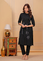 Black Embroidered Rayon Kurta and Pant Set
