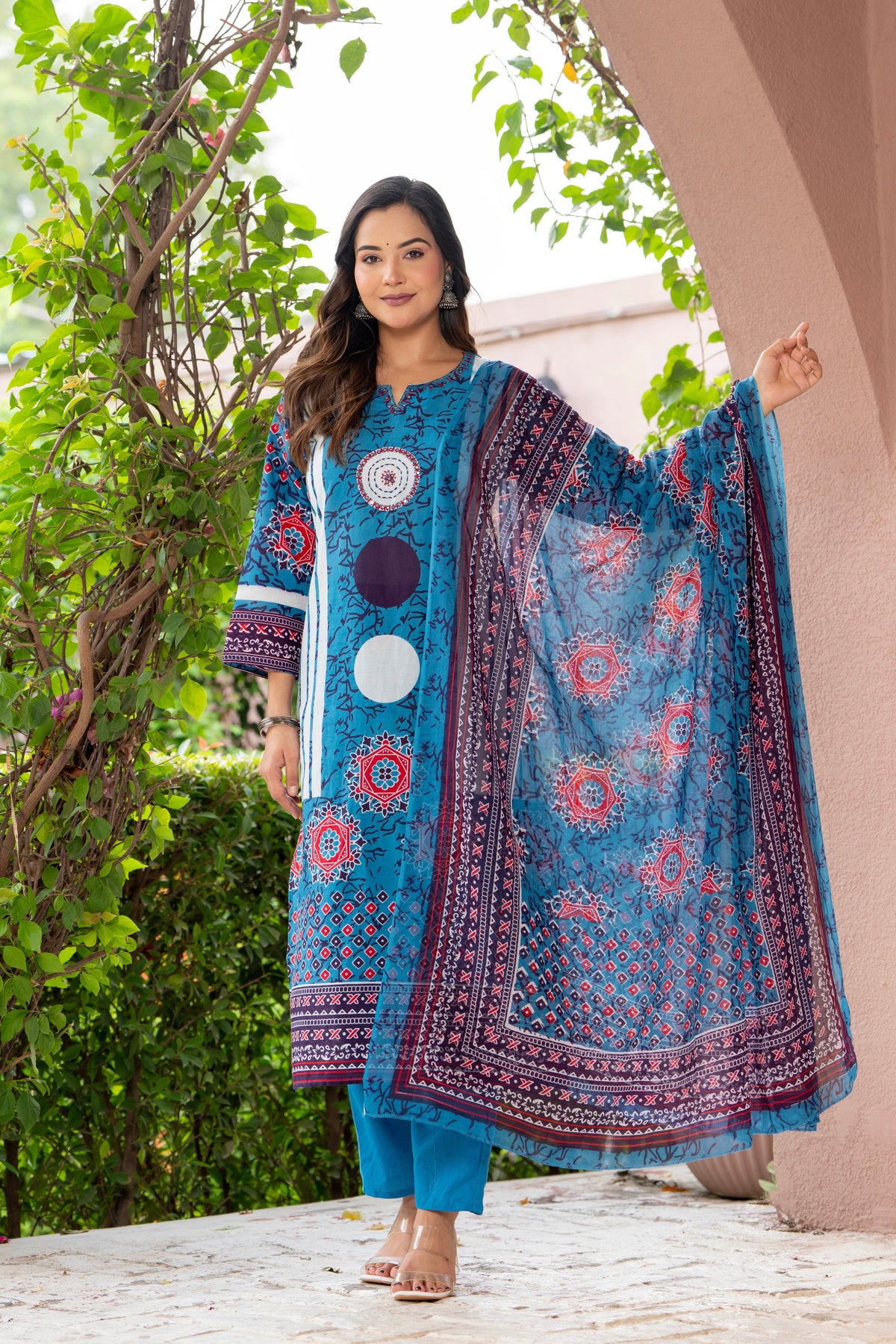 Blue Printed Handwork Cotton Suit Set with Dupatta