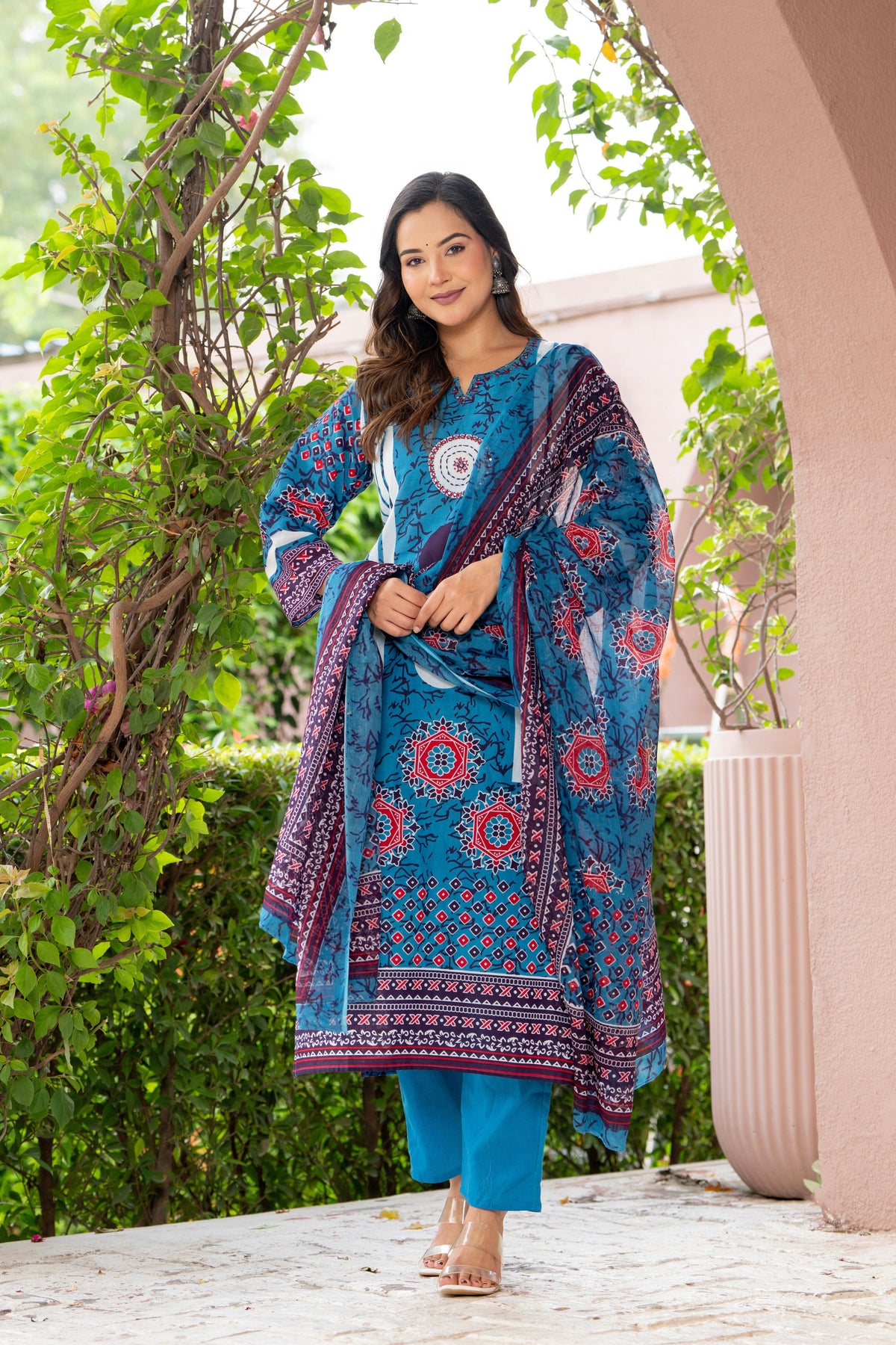 Blue Printed Handwork Cotton Suit Set with Dupatta