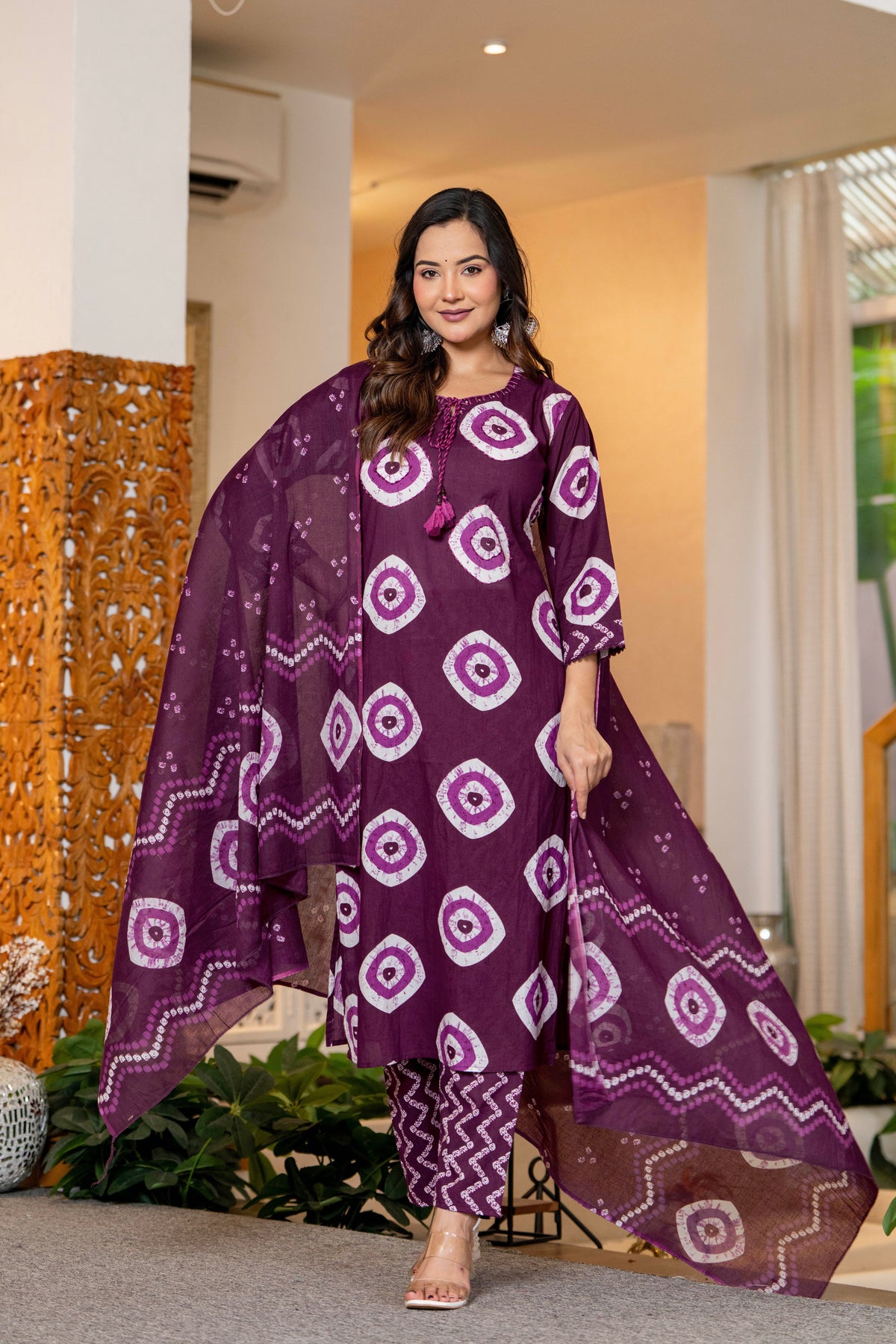 Wine Berry Printed Handwork Suit Set with Dupatta