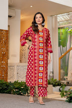 Red Printed Handwork Cotton Suit Set with Dupatta