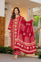 Red Printed Handwork Cotton Suit Set with Dupatta