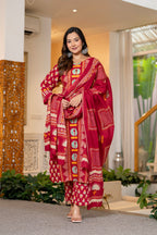 Red Printed Handwork Cotton Suit Set with Dupatta