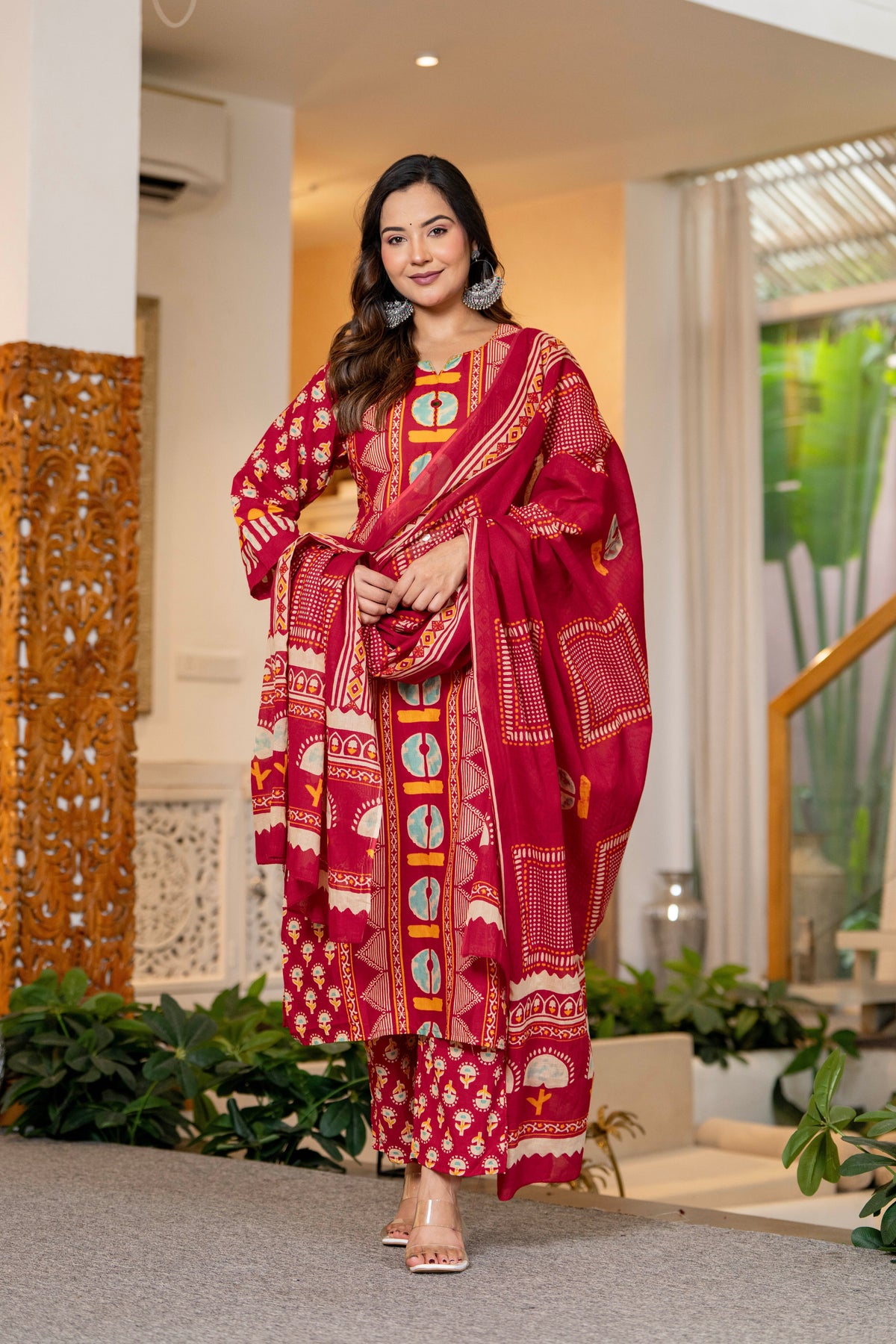 Red Printed Handwork Cotton Suit Set with Dupatta