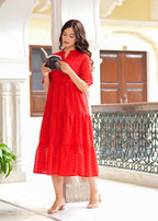 Red Cotton Schiffli Flared Dress