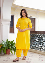 Yellow Cotton Pathani Kurta and Afghani Pant Set