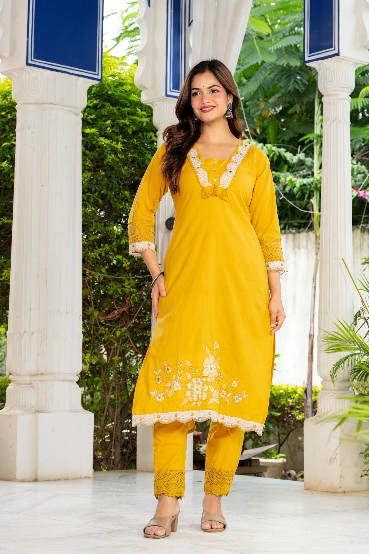 Yellow Embroidered Cotton Kurta and Pant Set with Dupatta