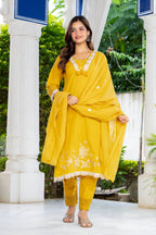 Yellow Embroidered Cotton Kurta and Pant Set with Dupatta