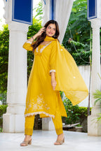 Yellow Embroidered Cotton Kurta and Pant Set with Dupatta