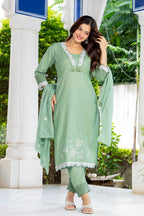 Green Embroidered Cotton Kurta and Pant Set with Dupatta