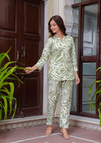 Thistle Green White Printed Cotton Blend Co-Ord Set