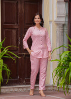 Soft Pink Leaf Printed Printed Cotton Blend Co-Ord Set
