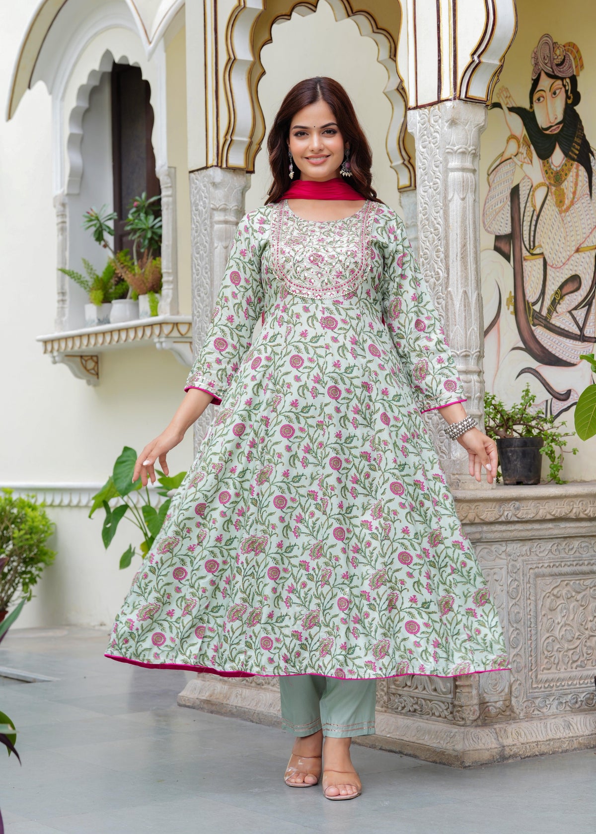 Tealish Green Embroidered Anarkali Suit Set with Georgette Dupatta
