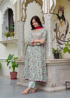 Tealish Green Embroidered Anarkali Suit Set with Georgette Dupatta