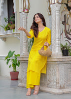 Yellow Katha Cotton Kurta and Cotton Palazzo Set