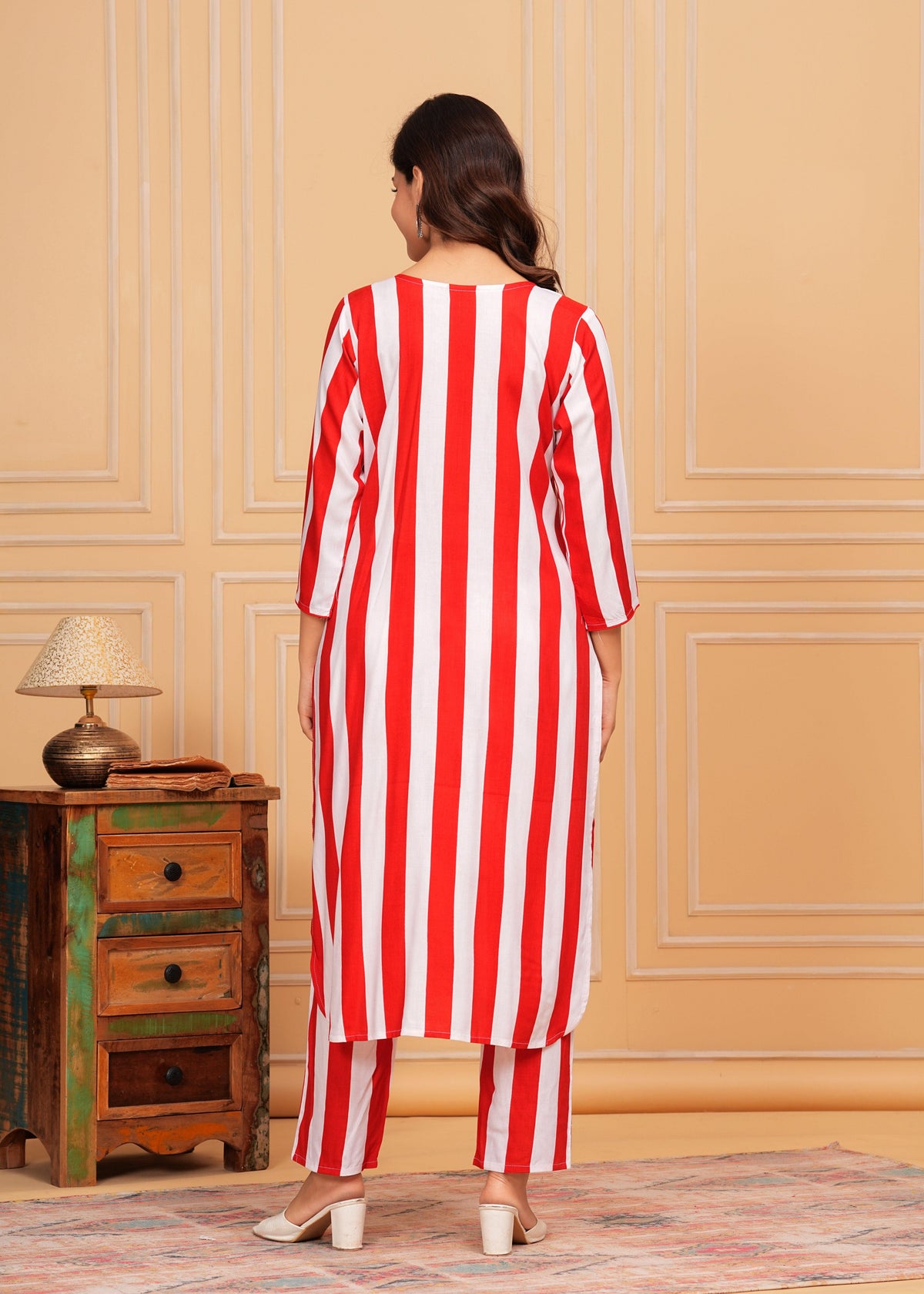 Ruby Red White Striped Rayon Kurta and Pant Set