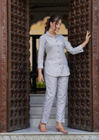 French Grey Leaf Printed Printed Cotton Blend Co-Ord Set