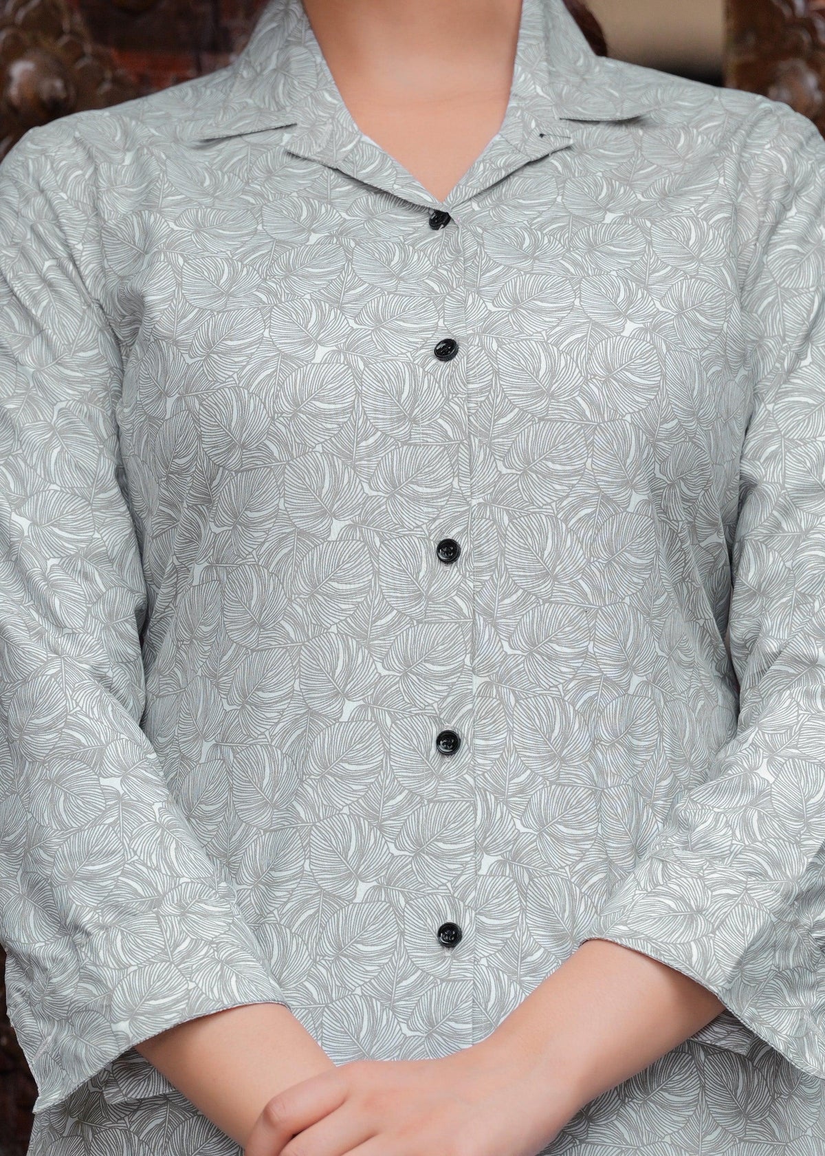 Ash Grey Leaf Printed Cotton Blend Co-Ord Set