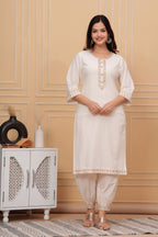 Off White Embroidered Cotton Suit Set with Dupatta