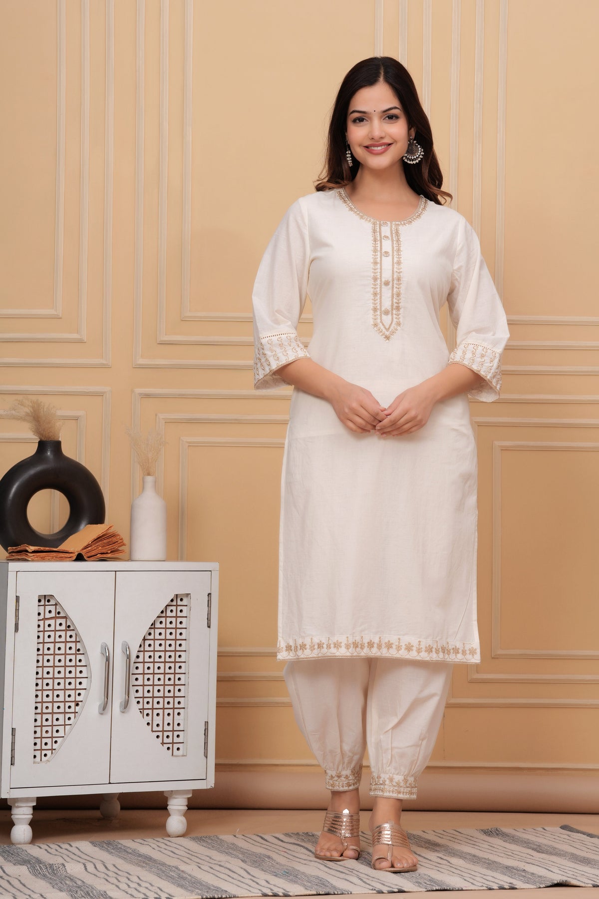 Off White Embroidered Cotton Suit Set with Dupatta