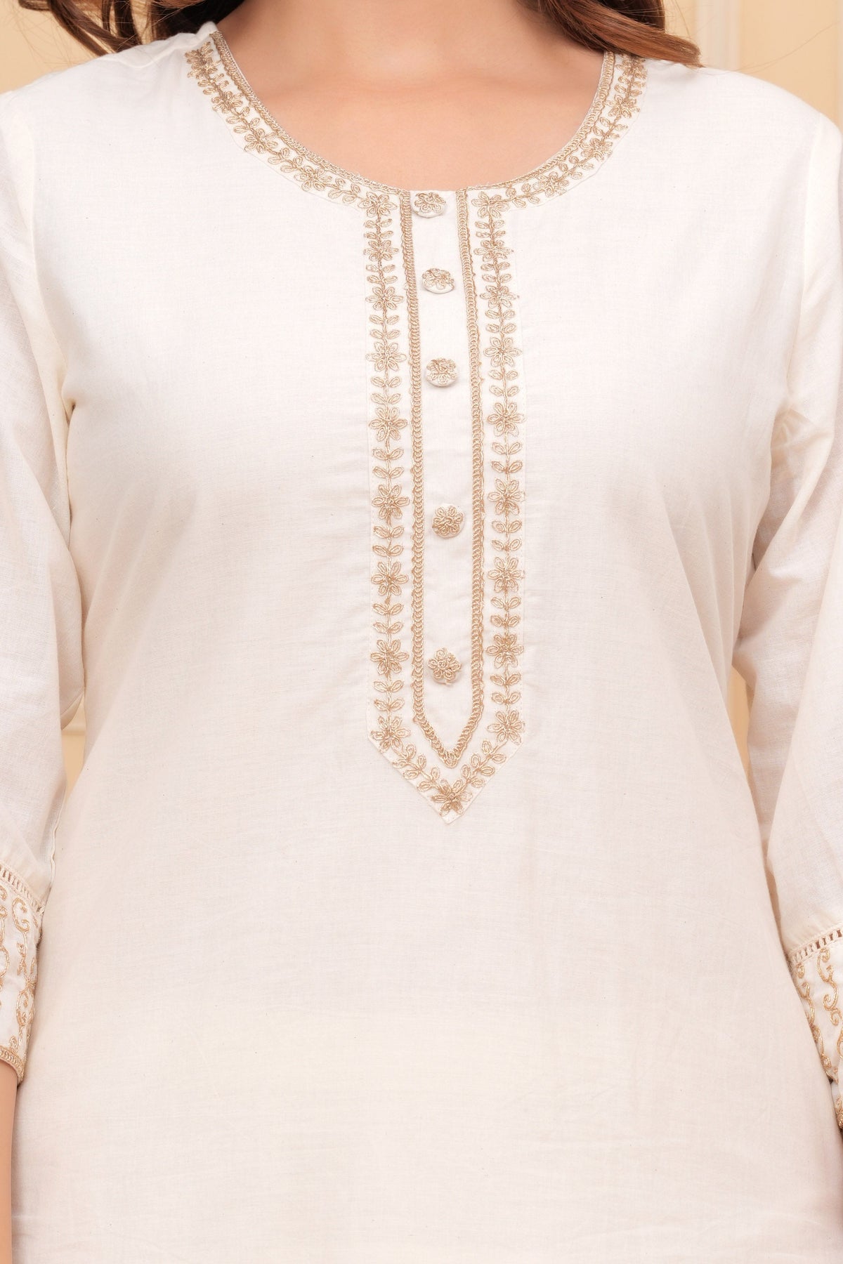 Off White Embroidered Cotton Suit Set with Dupatta