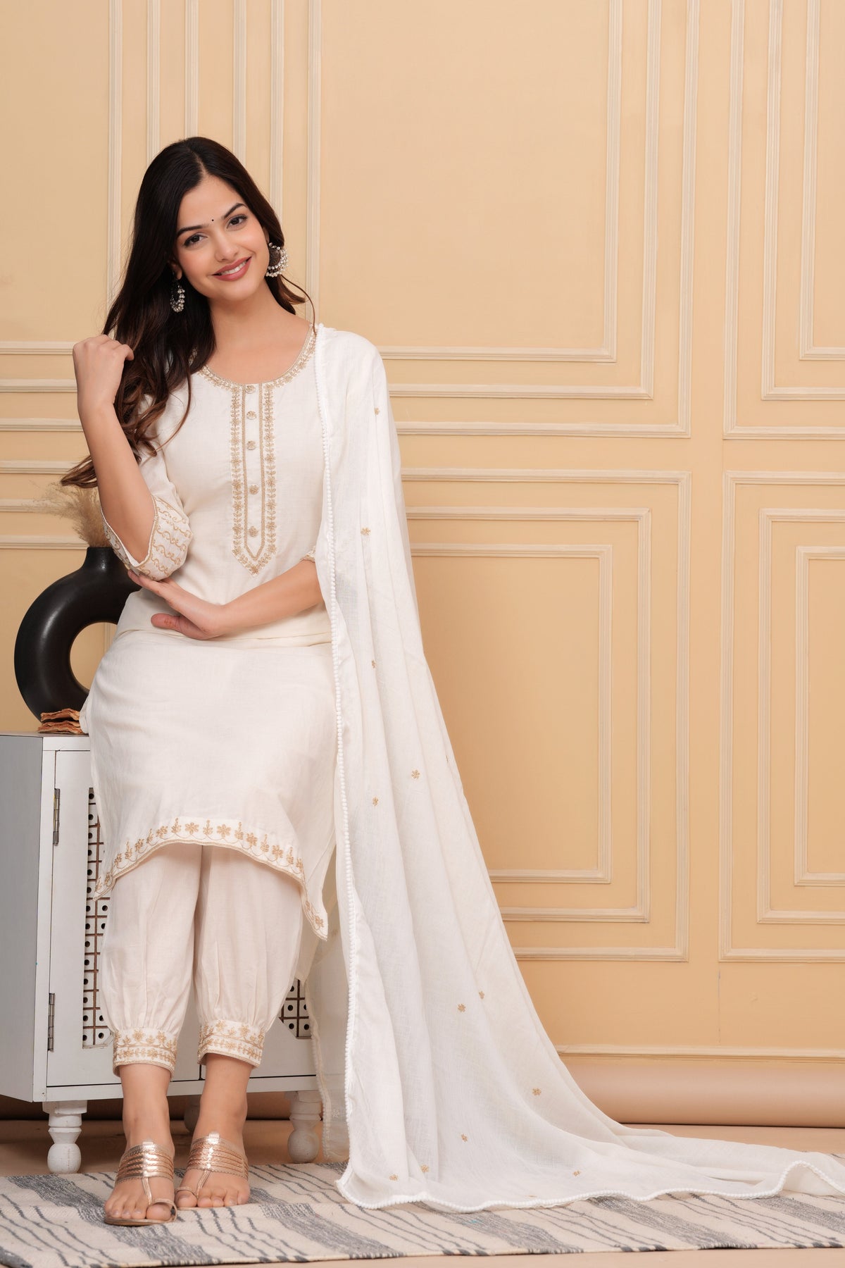 Off White Embroidered Cotton Suit Set with Dupatta